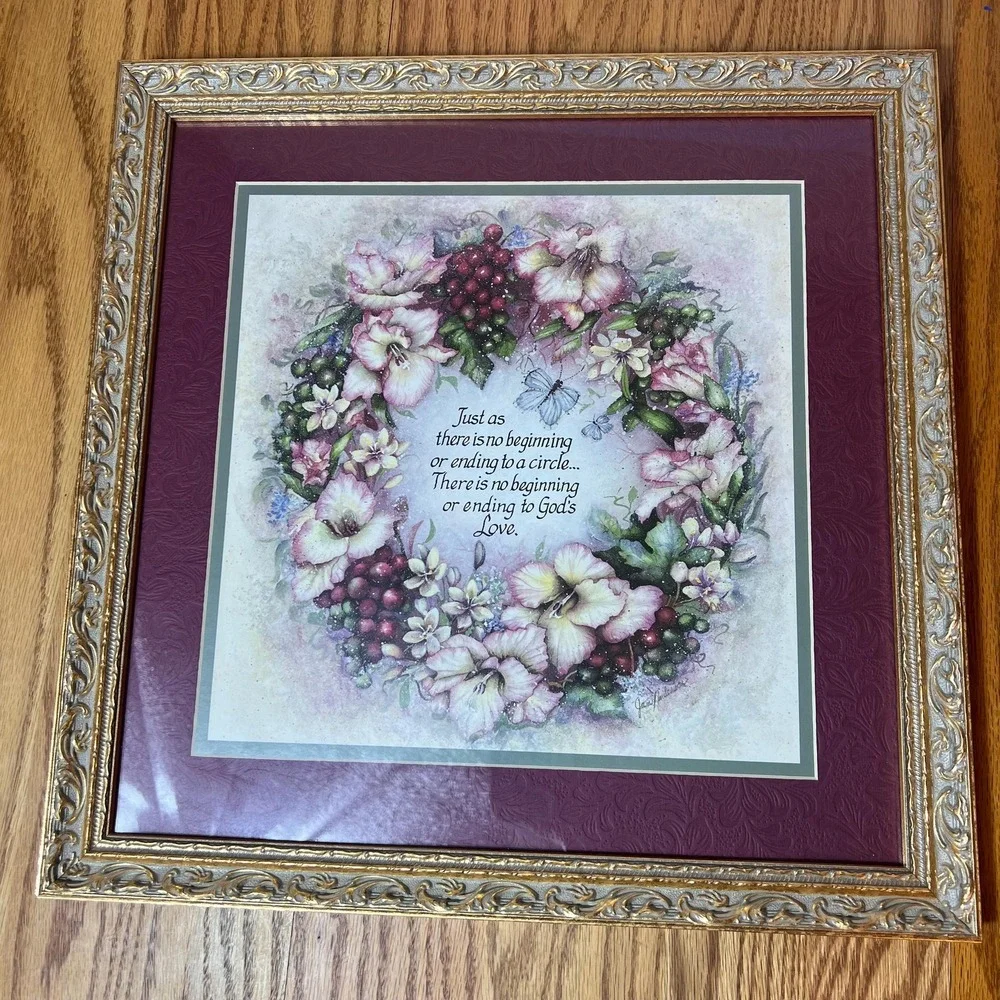 VTG Home Interiors Floral Wreath gold Framed Wall Art Christian Scripture Glass